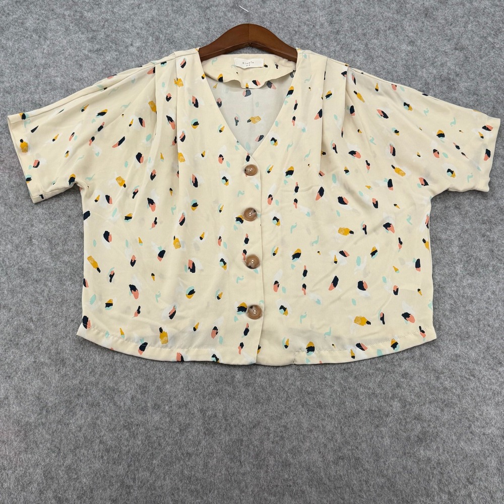 Elodie Abstract Brushstroke Print Button Front V-Neck Blouse Cream Medium
